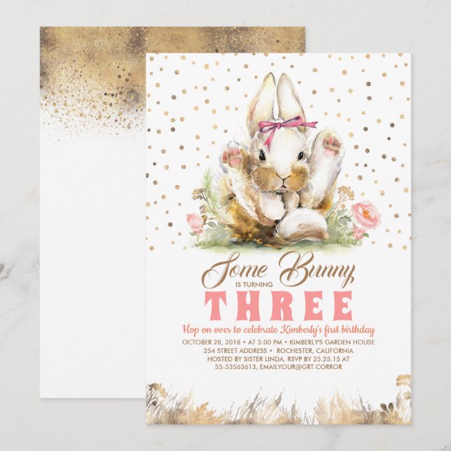 Invitación Bunny Gold Purpurinas Pink Floral Birthday (Anverso / Reverso)
