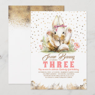 Invitación Bunny Gold Purpurinas Pink Floral Cumpleaños