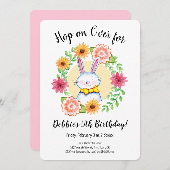 Invitación Bunny Hop Sobre La Fiesta De Cumpleaños De Pastel (Anverso / Reverso)