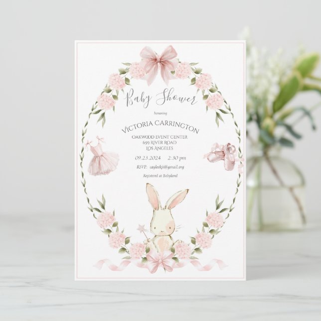 Invitación Bunny Hydrangeas Pink Girl Ballerina Baby (Anverso de pie)