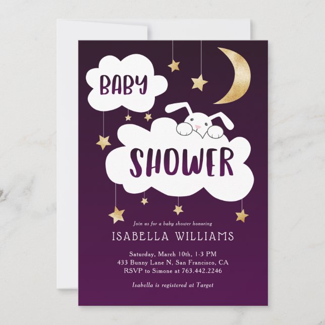 Invitación Bunny Moon Stars Purple Gold Baby Shower (Anverso)