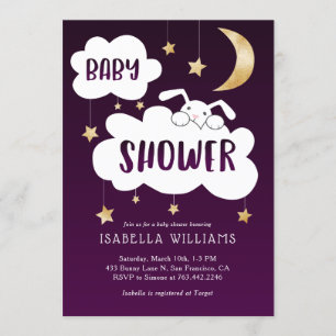 Invitación Bunny Moon Stars Purple Gold Baby Shower