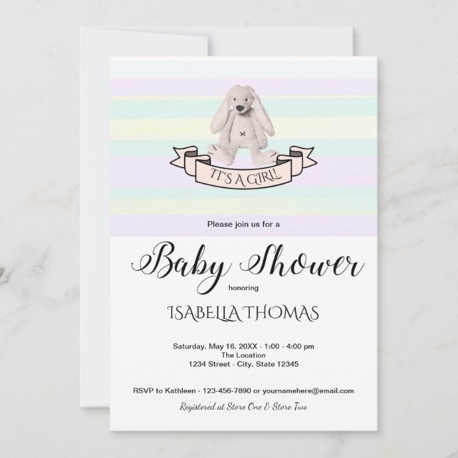 Invitación Bunny Pastel Rojo Rojo Rayas Amarillas Baby Shower (Anverso)