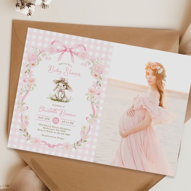 Invitación Bunny Pink Bow Gingham Baby Shower Photo (Subido por el creador)