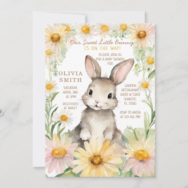 Invitación Bunny Rabbit Daisy Flower Garden Baby Shower (Anverso)