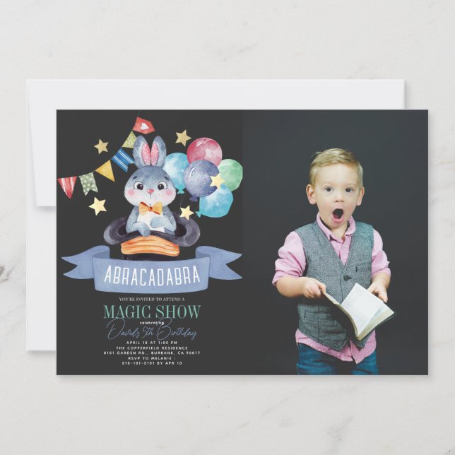 Invitación Bunny Rabbit Magic Show Blk Boy Birday Photo (Anverso)