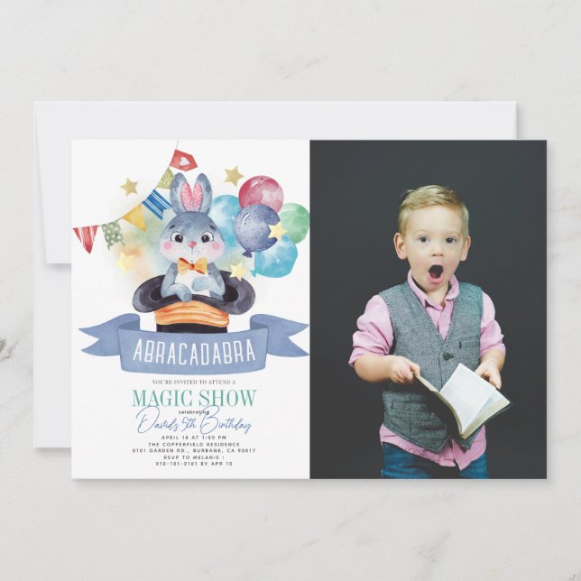 Invitación Bunny Rabbit Magic Show Boy Birday Photo (Anverso)