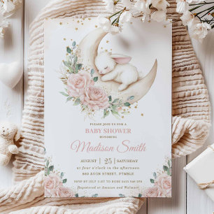 Invitación Bunny Rabbit Moon Pink Rubor Floral Baby Shower