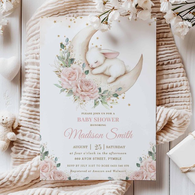 Invitación Bunny Rabbit Moon Pink Rubor Floral Baby Shower (Subido por el creador)