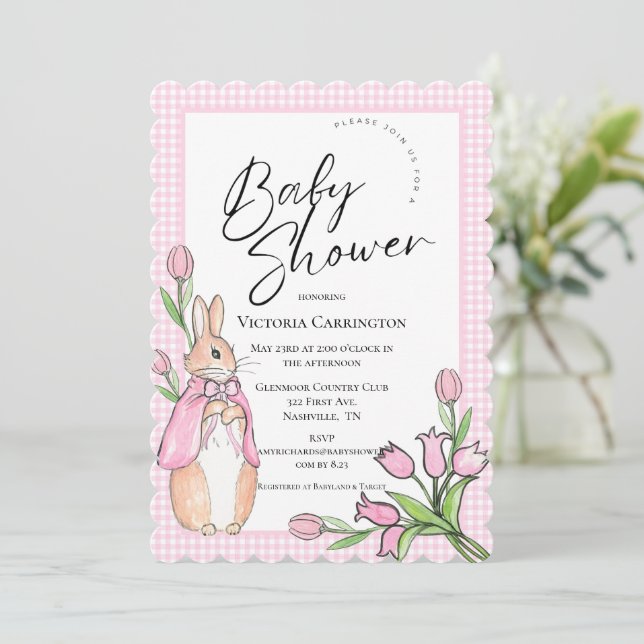 Invitación Bunny Rabbit Pink Gingham Baby Shower (Anverso de pie)