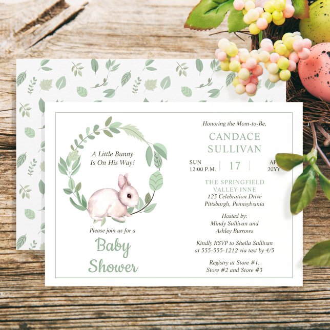 Invitación Bunny Rabbit Sage Floral Wreath Boy Baby Shower (Subido por el creador)