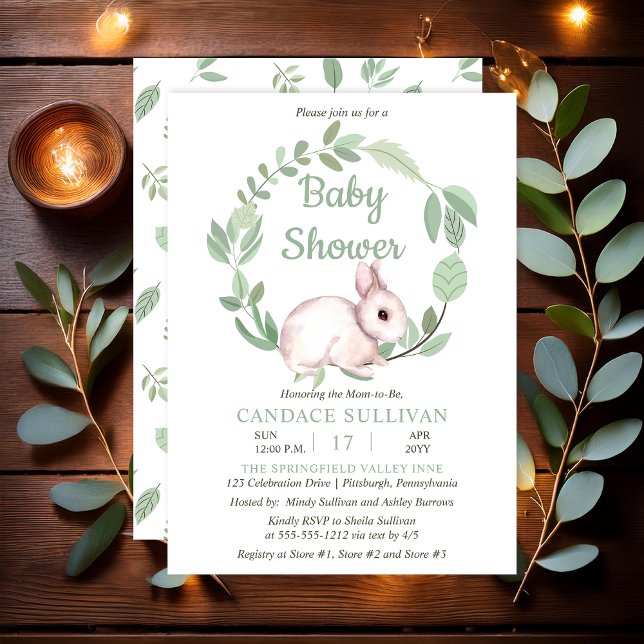 Invitación Bunny Rabbit Sage Floral Wreath Boy Baby Shower (Cute Easter Bunny Rabbit and Eucalyptus Wreath Sage Green Baby Shower - Print | Digital)