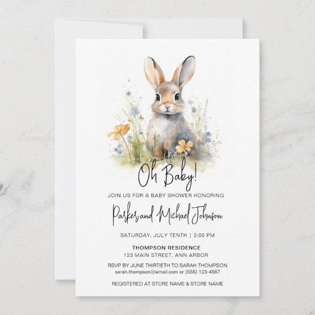 Invitación Bunny Rabbit Woodland Baby Shower (Anverso)