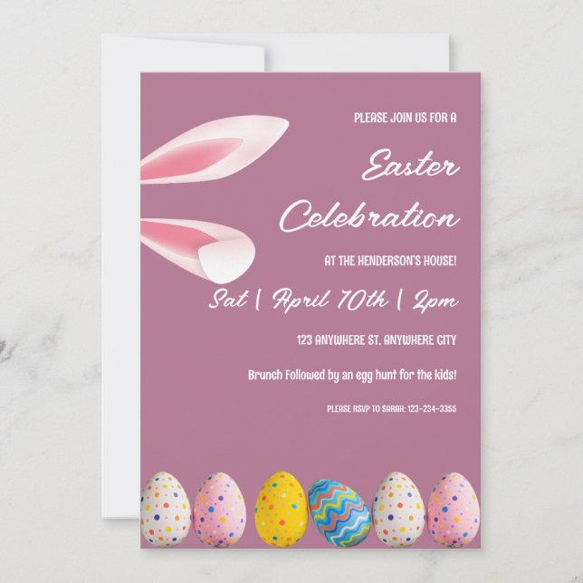 Invitación Bunny Rosa Y Huevos Brunch De Pascua Y Caza De Hue (Anverso)