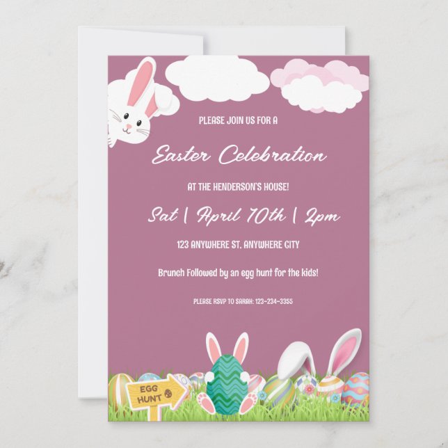 Invitación Bunny Rosa Y Huevos Brunch De Pascua Y Caza De Hue (Anverso)