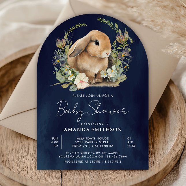 Invitación Bunny Sage Green Floral Navy Blue Arch Baby Shower (Subido por el creador)