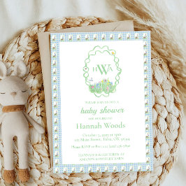 Invitación Bunny Spring Gingham Monogram Baby Shower