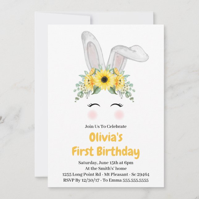 Invitación Bunny Sunflower Chica Primera fiesta de cumpleaños (Anverso)