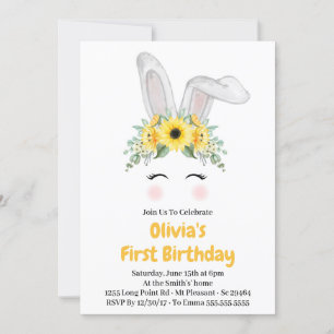 Invitación Bunny Sunflower Chica Primera fiesta de cumpleaños