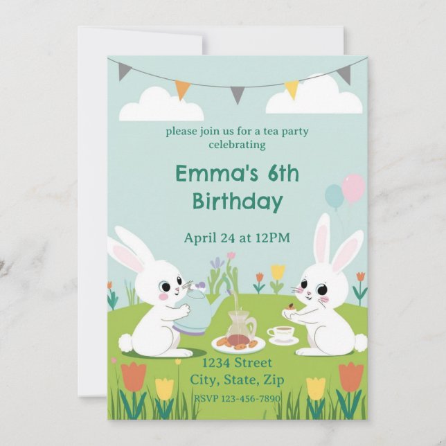 Invitación Bunny Tea Party Birthday Invitation | Cute Rabbits (Anverso)