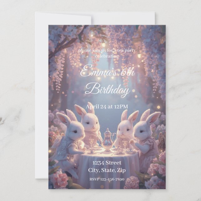 Invitación Bunny Tea Party Birthday Invitation – Dreamy Fairy (Anverso)