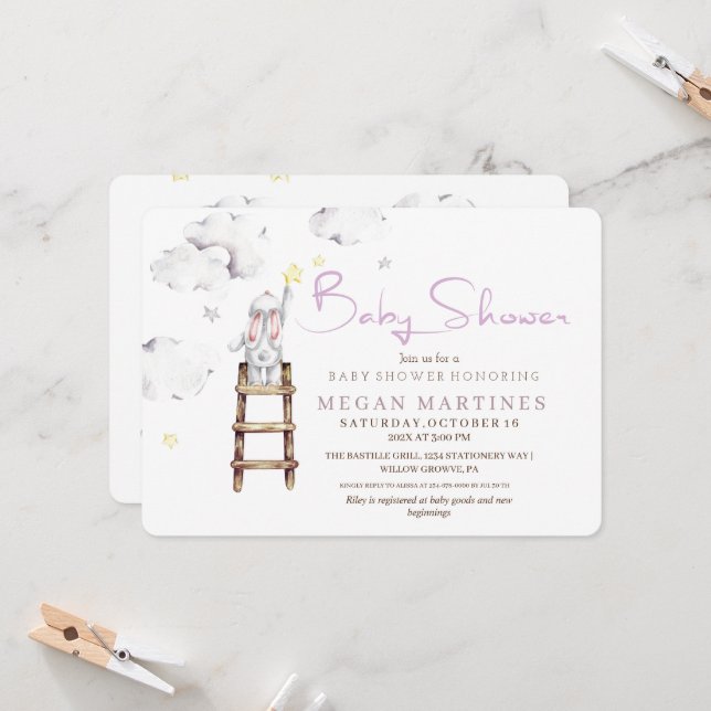 Invitación Bunny Watercolor Elegante Chica Baby Shower (Anverso/Reverso In Situ)