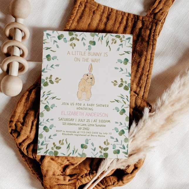 Invitación Bunny Watercolor Eucalyptus Baby Shower rosa (Subido por el creador)