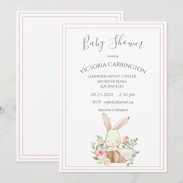 Invitación Bunny Watercolor Floral Chica rosa Baby Shower (Anverso / Reverso)