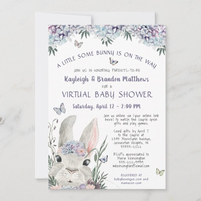 Invitación Bunny Watercolor Floral Purple Virtual Baby Shower (Anverso)