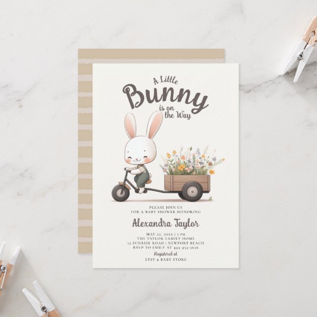 Invitación Bunny Wildflower Wagon Brown Sage Baby Shower (Anverso/Reverso In Situ)