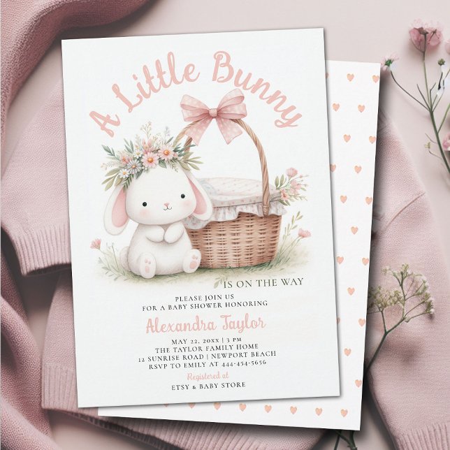 Invitación Bunny Wildflowers Bow Picnic Pink Baby Shower (a little bunny baby girl shower invitation springtime easter garden picnic wildflowers pink blush)