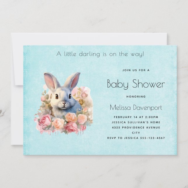 Invitación Bunny with a Garland of Roses Cute Baby Shower (Anverso)