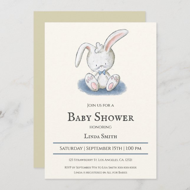 Invitación Bunny with Blue Bow Tie Boy Baby Shower (Anverso / Reverso)