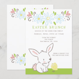 Invitación Bunny Y Chick De Brunch De Pascua Con Flores De Pr