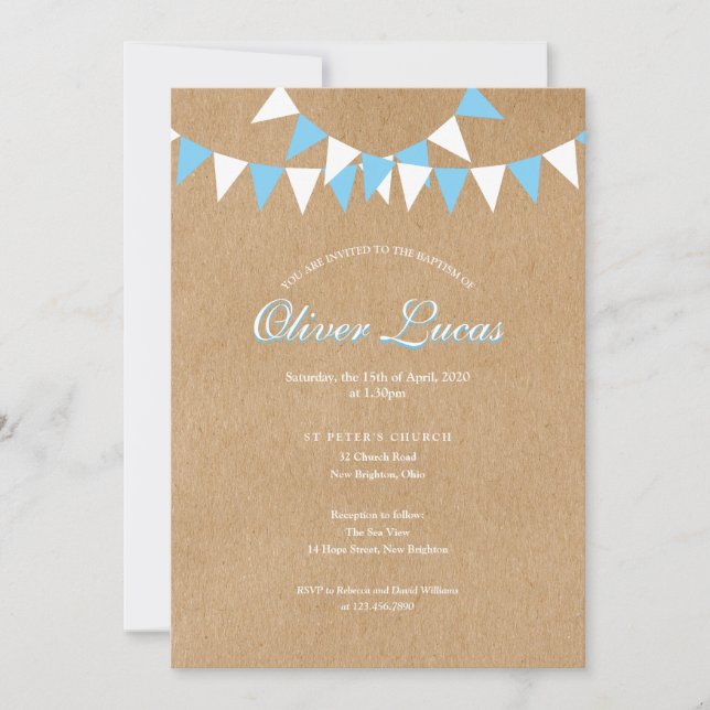 Invitación Bunting Azul Bebé Bautizo Campestre (Anverso)
