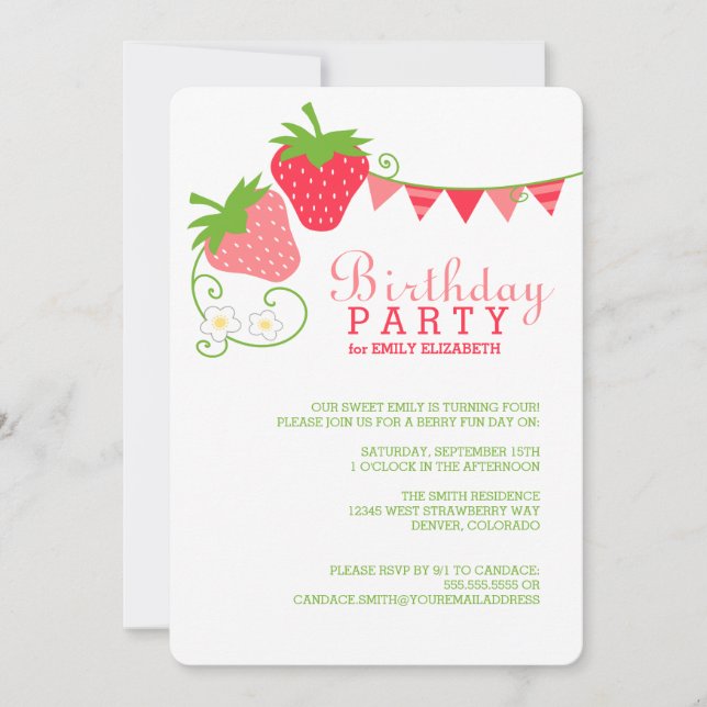 Invitación Bunting de fresas rosa y verde (Anverso)