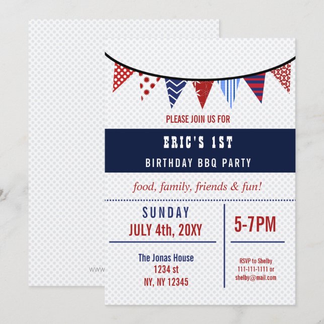 Invitación Bunting July 4 Birthday party Invitation (Anverso / Reverso)