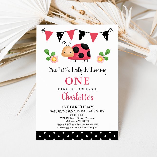 Invitación Bunting Red Black Our Little Ladybug 1er cumpleaño (Polka Dots Ladybug Birthday Invitation Template Girl, Ladybug Themed 1st Birthday Invitation Bunting)