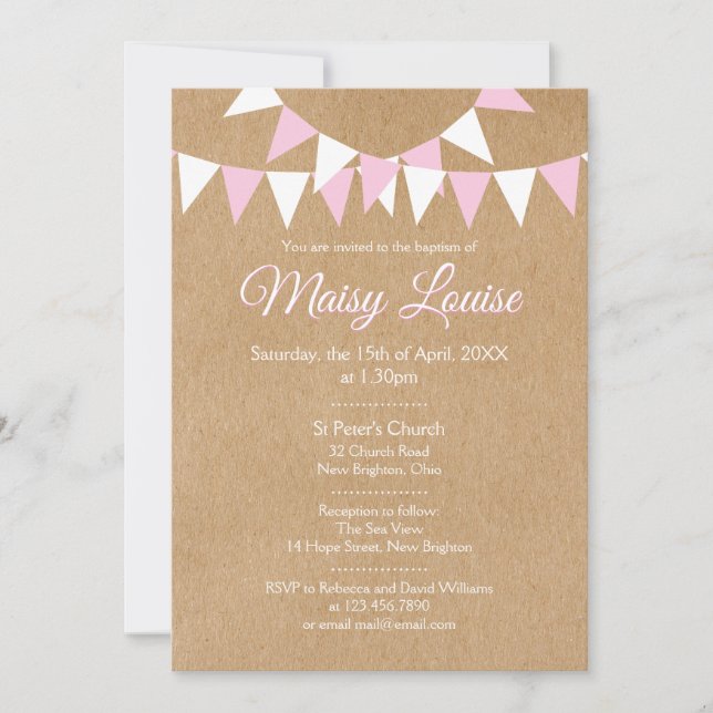 Invitación Bunting Rosa Rústico para Bebé Niña Bautizo (Anverso)