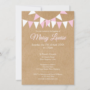 Invitación Bunting Rosa Rústico para Bebé Niña Bautizo