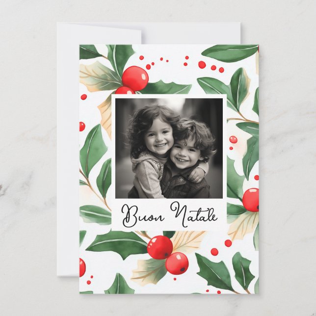 Invitación Buon Natale Christmas Card Festive Holly Art (Anverso)