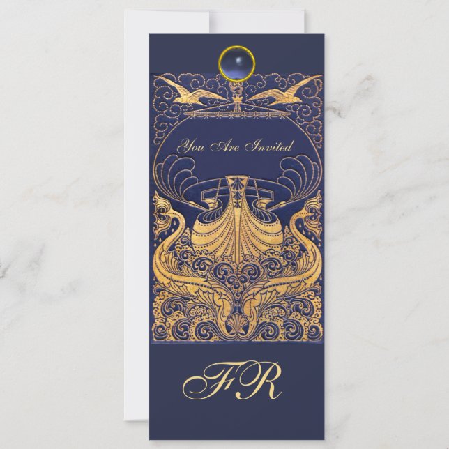 Invitación Buque antiguo, delfines, amarillo, monograma azul  (Anverso)