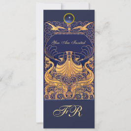 Invitación Buque Antiguo,Delfines,Amarillo,Monograma Azul Mar