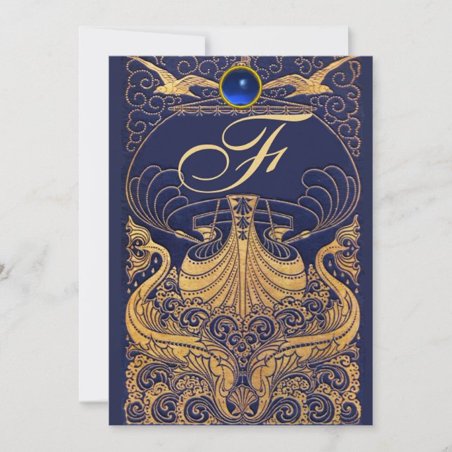 Invitación Buque antiguo, delfines, oro, monograma azul marin (Anverso)