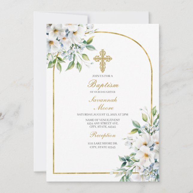 Invitación Buqué de flores blancas Bautismo (Anverso)