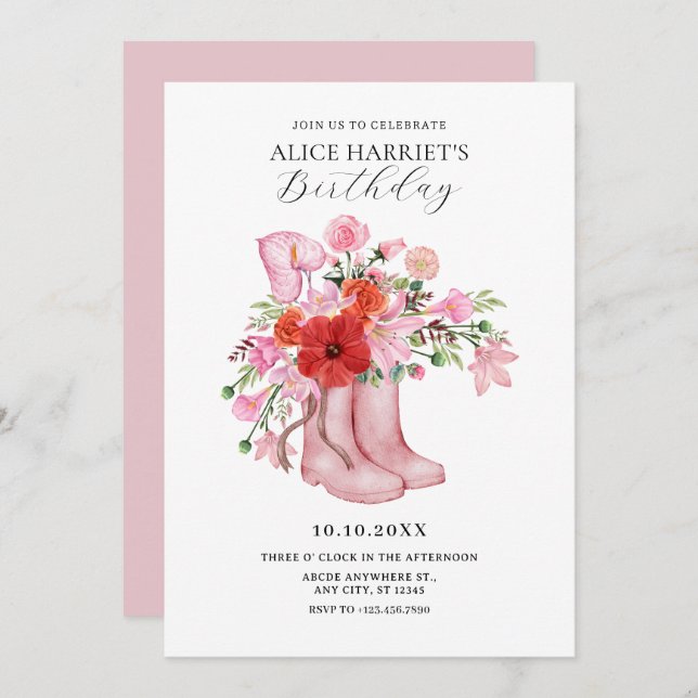 Invitación Buque de flores de botas rosadas (Anverso / Reverso)