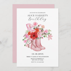 Invitación Buque de flores de botas rosadas