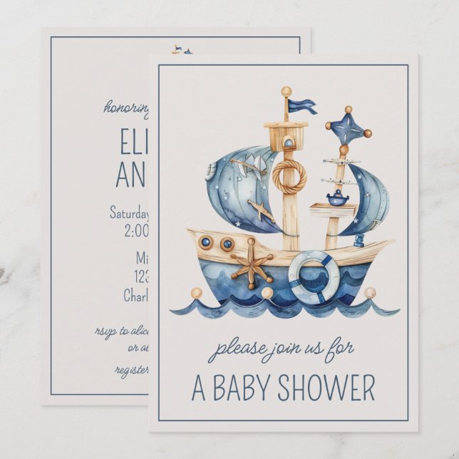 Invitación Buque de vela azul cúbico personalizado personaliz (Anverso / Reverso)