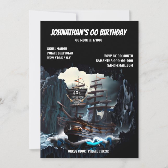 Invitación Buque pirata noche mar tesoro cueva jolly roger (Anverso)