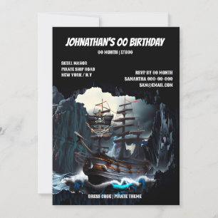 Invitación Buque pirata noche mar tesoro cueva jolly roger
